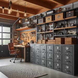 Garage Office Design Ideas with large metal file cabinets to store auto parts-4